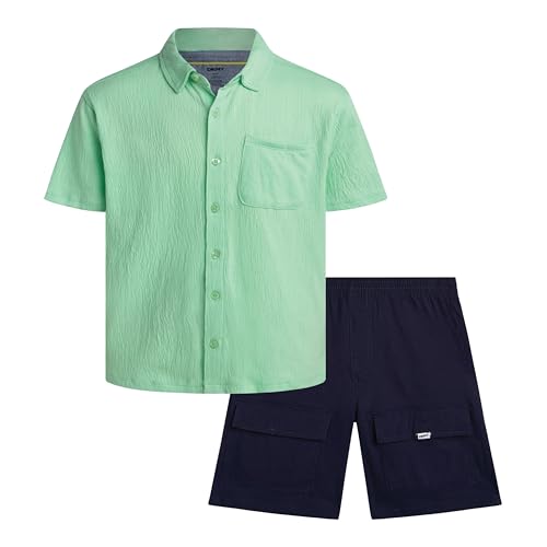Image of DKNY Boys Shorts Set - 2 Piece Short Sleeve Collared Button Down Shirt and Matching Shorts for Boys (Sizes: 8-12)