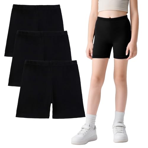 FILOWA Shorts für Mädchen Kinder Baumwolle Kurze Hosen 3er-Pack Sport Radlerhose mit Elastischer Bund Turnhose Weich Schwarz Freizeit Sporthose Sommer Gym Radfahren Wandern Joggershorts, Gr.134-140