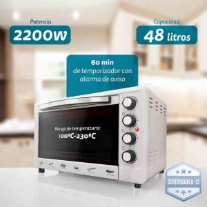 Miniatura 2 de Grunkel - Hr-48rustic - Horno Eléctrico Multifunción De Sobremesa De 48l Con 3 Funciones De Calor Y Selector De Temperatura Hasta 230 C. Incluye Rustidora Y Temporizador Hasta 60 Min Plateado