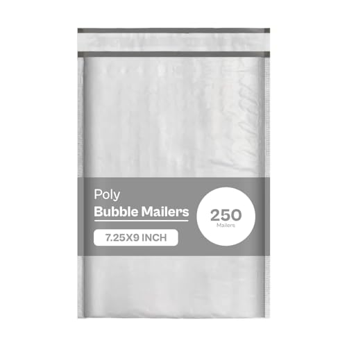 PSBM Bubble Poly Mailers, 7.25 x 9 Inch, 250 Pack, Padded Shipping Envelope Mailers, White/Grey, Self Seal and Peel Strip