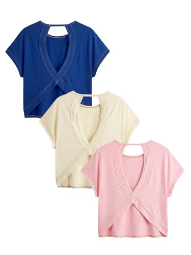 Image of RoseSeek Women's 3 Packs Open Back Tops T Shirt Criss Cross Cut Out Tee Short Sleeve Crewneck Summer Backless Tops