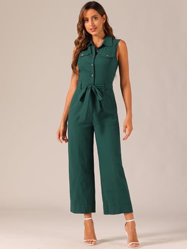 Allegra K A24022600UX0300 Women'S Wide Leg Jumpsuit 2024 Sleeveless Collared Tie Waist Coverall Button Down Cargo Jumpsuits Medium Peacock Blue thumb #1