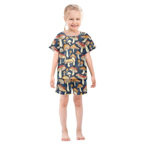 ALAZA Red Mushroom Navy Blue Pajamas Set Short Sleeve Cotton Sleepwear Summer Pjs 2 Piece 5-14Y3