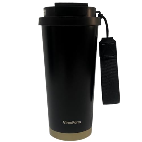 VireoForm 16 oz Leak-Proof Insulated Coffee Travel Mug - Double Wall Vacuum Stainless Steel Tumbler with Portable Strap, Reusable Thermal Cup for Hot & Cold Drinks, Ideal for Car, Office, On-the-Go