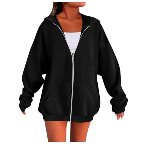 Zip Up Hoodie Women Hoodies for Women UK Ladies Jackets Full Zip Oversized Long Sleeve Sweatshirts Top Zipper Hooded Sweatshirt Lightweight Coat With Pockets Solid Color Cosy Warm cute tops Black