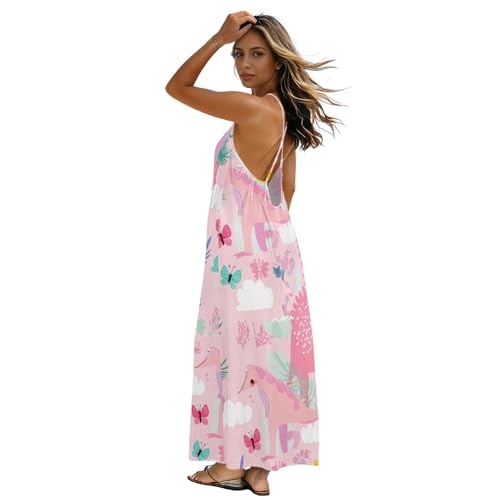 Robe d'été fluide motif dinosaure rose, tenue parfaite pour plage et vacances