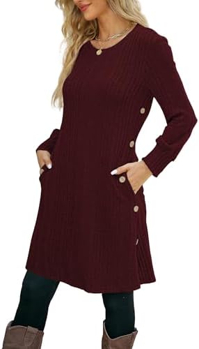 Kikibell Women's Knit Dress Long Sleeve Casual Crew Neck Tunic Dresses with Pockets Button Side Fall Winter Trendy Outfits