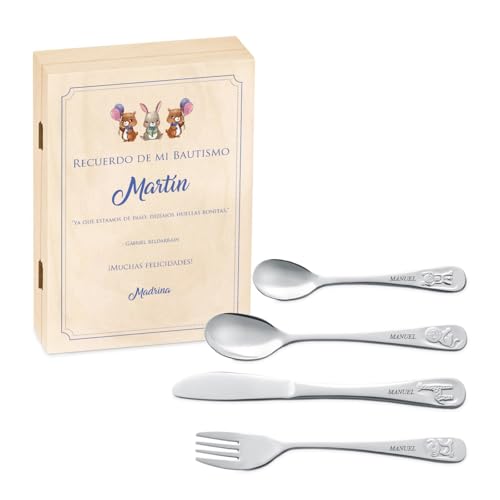 Maverton Cubertería Infantil Personalizada de 4 Piezas - Cubiertos Acero Inoxidable con Grabado - Regalos Personalizados para Bebe Niña - Vajilla Bebe para Comunion Bautizo - Bonito