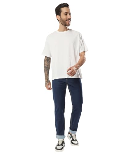 Image of Cotton Comfort Fit Jeans for Men | Full-Length Solid Denim Pants with Button Closure, Embroidered Design, Mid-Rise Casual Trousers for Daily | Classic Jeans for Office Bottoms (DI-249)