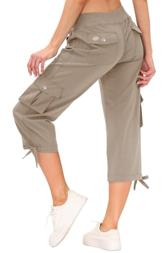 Image of MoFiz Women’s Cropped Sports Pants 3/4 Length Capri Trousers Quick Dry Jogger Pants Sweatpants for Hiking Running Yoga Workout Khaki L