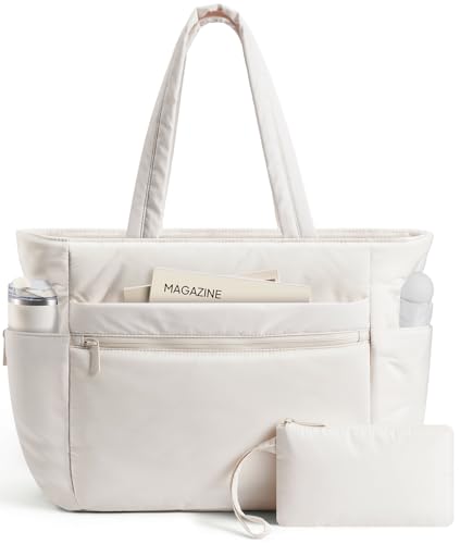 TOPEAST Tote Bag for Women Lightweight Puffer Travel Weekender Tote Bag 15.6 Laptop Work Bags Puffy Gym Nurse Shoulder Bag with Zipper & Compartments for Teacher College Beige