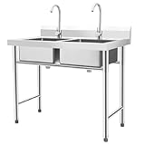 Stainless Steel Sink 2 Compartment Free Standing Utility Sink, Double Bowl Kitchen Sinks with 2 Rotary Faucets, Commercial Prep Sinks for Garage, Restaurant, 39.4' W x 23.6' D x 40' H