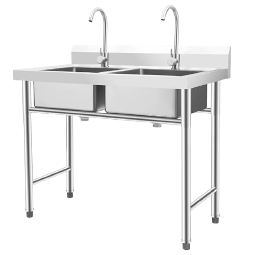 Stainless Steel Sink 2 Compartment Free Standing Utility Sink, Double Bowl Kitchen Sinks with 2 Rotary Faucets, Commercial Prep Sinks for Garage, Restaurant, 39.4" W x 23.6" D x 40" H