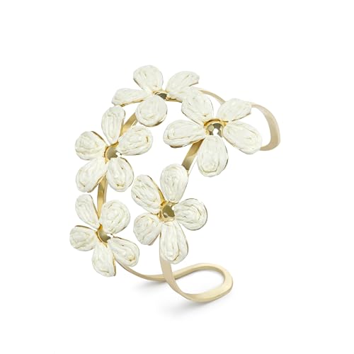 Raffia Flower Cuff Bangle Bracelet for Women, Adjustable Boho Floral Wide Open Bangle for Summer Beach, Handmade Trendy Rattan Jewelry