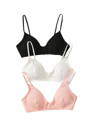 OYOANGLE Girl's Training Bras Spaghetti Strap Padded Bralette Ribbed Comfy Sports Bra 3 Pack Black White Pink 13Y