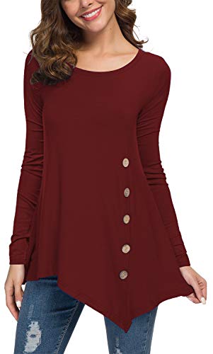 POKWAI Womens Tunic Top Long Sleeve Scoop Neck Button Side Tunic Shirts Wine Red S POKWAI Womens Tunic Top Long Sleeve Scoop Neck Button Side Tunic Shirts Wine Red S