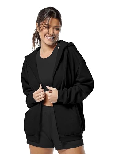 Image of DROBE Relaxed Fit Plain Cotton Blend Full Sleeves Hodded Zipper Jacket for Women