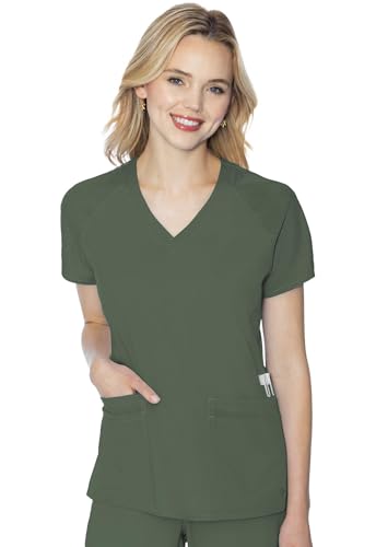 Med Couture Women's Scrub Top, Raglan Sleeves for Modern Fit, 6 Pockets 2-Way Stretch, Durable & Breathable Fabric MC7425, S, Olive