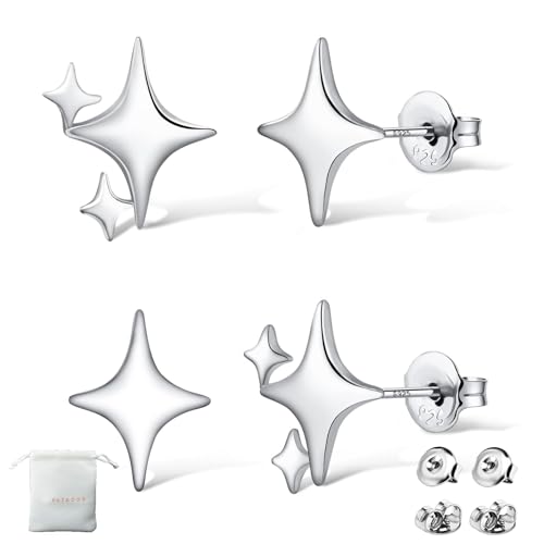 925 Sterling Silver Studs Earrings for Women 2 Pairs Star Stud Earrings Set Hypoallergenic Silver Stud Earrings Dainty Star Earrings for Women
