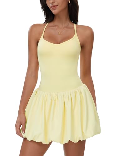 Womens Tennis Golf Dress with Built-in Bra Shorts Backless Square Neck Mini Puffy Skirt Athletic Dresses with Pockets