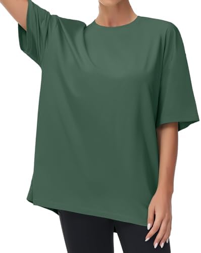 THE GYM PEOPLE Damen Oversize Baumwolle T-Shirt Kurzarm Basic Sport Shirts | Abfallende Schulter, Übergroße, Rundhalsausschnitt, Einfarbig, Leicht, Atmungsaktiv, Weich, Sommer Tops