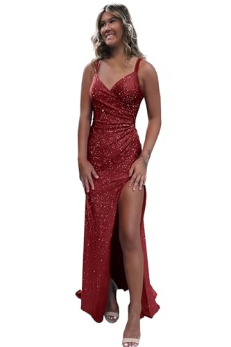Mermaid Sequin Prom Dresses 2025 V Neck Spaghetti Strap Long Slit Formal Party Dresses