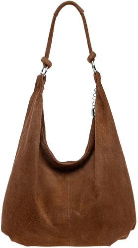 Caspar Große Damen Vintage Veloursleder Tasche Samtweiche Schultertasche aus Leder - CLASSIC LINE - Modell No.617 - Made in Italy, Farbe:cognac