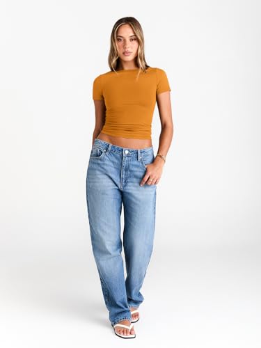 Image of Trendy Queen Womens Boat Neck Tops Short Sleeve Shirts | Compression Basic Tops,Y2K Aesthetic Slim Fit,Professional Business Casual, Polished Teacher Outfits