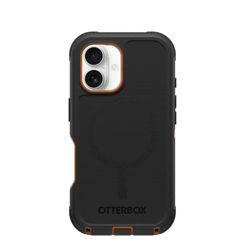 Image of OtterBox iPhone 16 (Only) - Defender Series MagSafe Case - Iron Eclipse (Black & Orange) - Built-in Magnets - Screenless - Rugged & Durable - with Port Protection