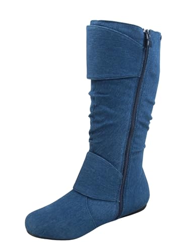 Women's Closed Round Toe Buckle Side Zip Buckle Slouch Flat Heel Mid-Calf Boot3
