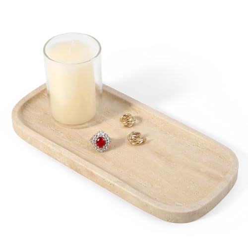Koville Travertine Tray, 10"x5" Marble Vanity Tray for Bathroom Countertop Kitchen Sink, Rectangular Stone Tray for Perfume Fragrance, Decorative Catchall Tray Jewelry Cosmetics Organizer(Beige)