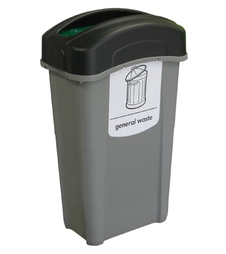 Glasdon Eco Nexus 85 General Waste Collection Bin (Grey, Black Lid, White Sticker) – 85-Litre General Waste with Choice of Lid Options – Slim Plastic Office Bin (Open Top)