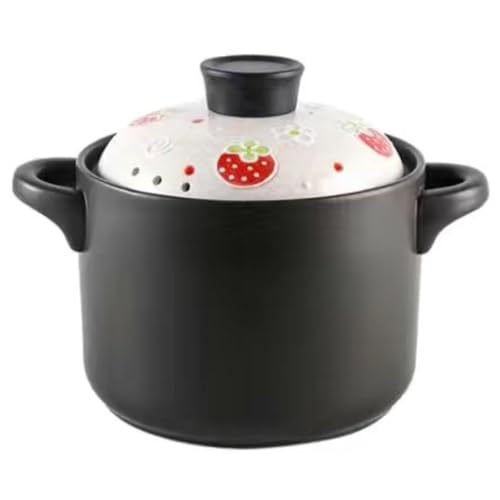 高温セラミックポットシチューポットストーン、蓋付き キャセロール、レトロなダブルイヤーラウンドキャセロール、耐熱性、電磁調理器、ガス、直火家庭用スープ (3.5L,いちご)