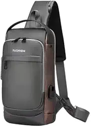 Mochila Transversal Masculina Anti-roubo Com Carregador USB Com Cadeado Pochete Transversal Esportes Viagens Bolsa de Peito à Prova D'água Shoulder Bag (Preta com Dourado)