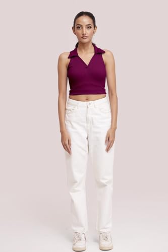 Image of BERRY BIRD Stylish Sleeveless V-Neck Slim Fit Collar Ribbed Knit Tank Crop Tops for Women & Girls Beach and Gym Wear and Western Trendy Fashion
