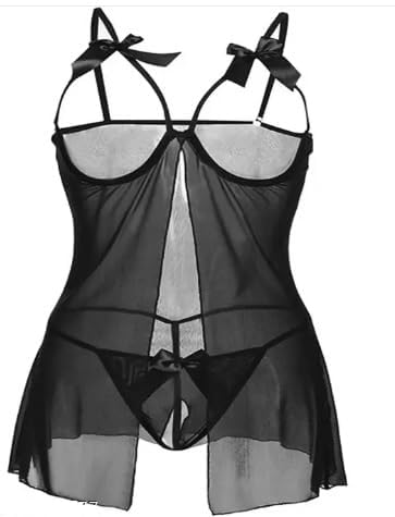 Women's Sheer Babydoll Nightwear Set with Bow Detail, Black-image-34