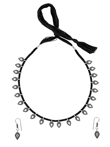 Image of Yellow Chimes Women and Girls Traditional Silver Oxidised Choker Jewellery Set - Black