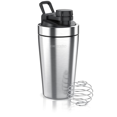 Arendo - Eiweiß Shaker Edelstahl 500ml, Protein Shaker mit Mixkugel, BPA frei, Mixbecher, Metall Premium Eiweißshaker, Tragegriff, Spülmaschinengeeignet, To Go für Yoga Fitness Sport, Silber