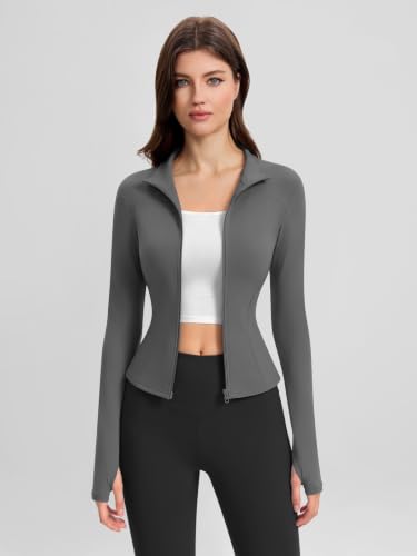 Yaqi Verse Women's Full Zip Up Workout Jacket, Slim Fit Lightweight Yoga Running Athletic Gym Sports Jacket with Thumb Holes-Grey-L — view 5