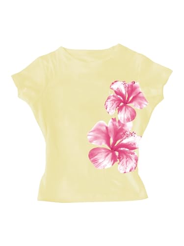 Image of RoseSeek Girl's Floral Graphic Crop Tops Tees Short Sleeve Crewneck Cute Slim Fit T Shirt Summer Tops