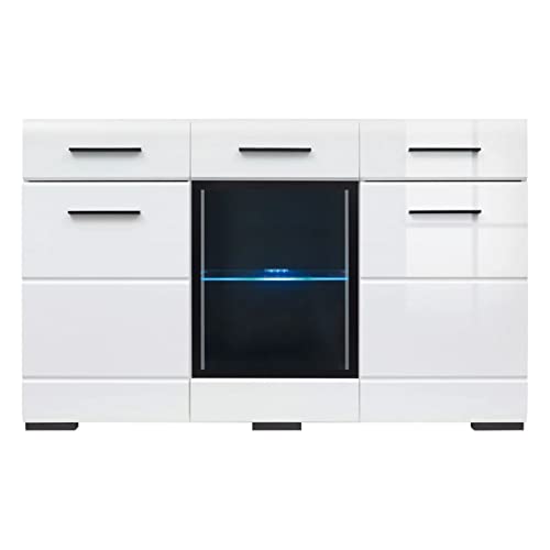 Homely - Aparador de diseño Moderno ÁRTICO, Tres cajones y Tres Puertas, Puerta Central de Cristal, Color Blanco Brillo, luz led, 150x45x93 cm