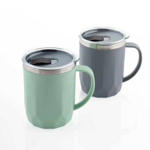Image of MAGIC SPOON Stainless Steel Travel Coffee Mug with Sipper Lid & Handle, Insulated Tea Cup, BPA-Free Double Wall Tumbler for Hot-Cold Beverages, Office, Home, Car- Pista-Grey, (Combo Pack (400ml X 2))