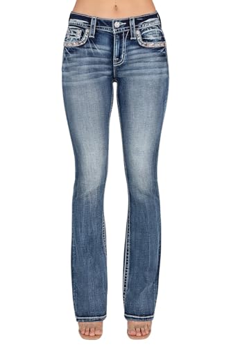 Miss Me Women's Mid-Rise Colorful Border Embellished Faux Flap Pockets Bootcut Jeans2