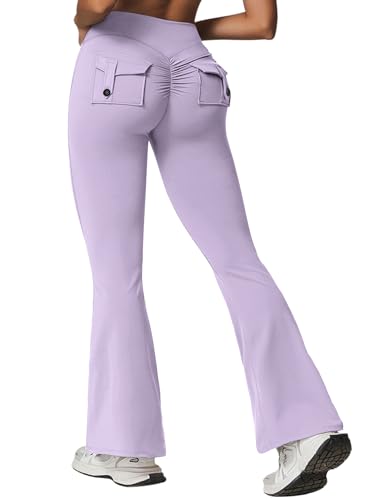 Rugkey Flare Leggings with Pockets for Women Butt Lifting Workout Leggings Gym Bell Bottom High Waisted Yoga Pants