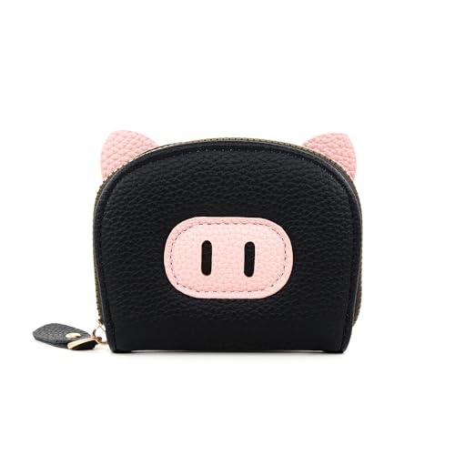 Cute Credit Card Holder Wallets for Women Large Storage Space Accordion Zipper Card Case Holder (Black Pink)
