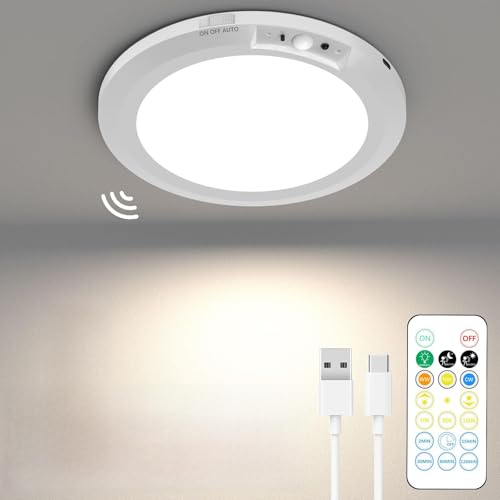 Coollamp LED Ceiling Light with Motion Sensor, Magnetic Mount, 10000mAh Rechargeable Battery, 400 Lumens, 3 Color Temperatures, Remote Control, Shower Light for Bathroom, Hallway, Porch, Stairs, White