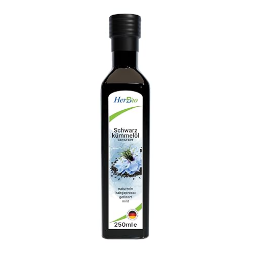 HerbBio Schwarzkümmelöl 250ml gefiltert, reich an THYMOCHINON, schonend kaltgepresst in Rohkostqualität, 100% naturrein, täglich mühlenfrisch, Made in Germany