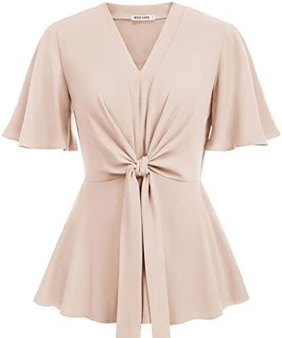 Khaki Peplum Tops for Women V Neck Tie Front Shirts Tops Dressy L