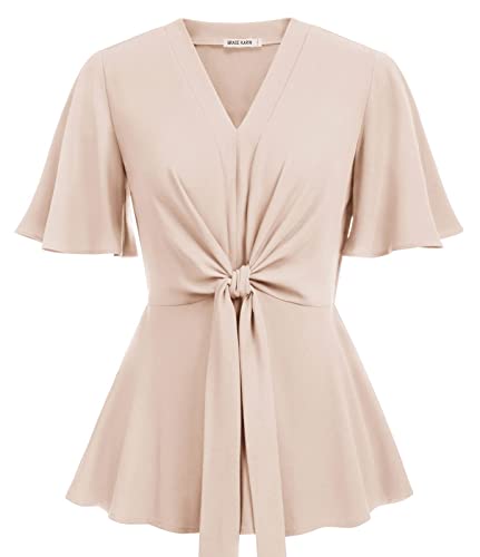 Khaki V Neck Peplum Tops for Women Tie Front Shirts Tops Dressy M
