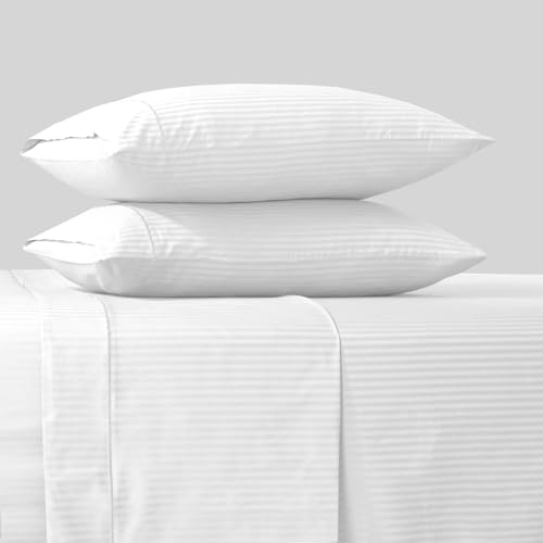 Image of Feather & Stitch 500 TC Queen Size Damask Bed Sheet Set, 100% Cotton Soft Breathable Bedsheets, 4 Piece 18 inch Deep Pockets Sateen Weave Striped Bedding Mattress Resort Hotel- (White Stripe)